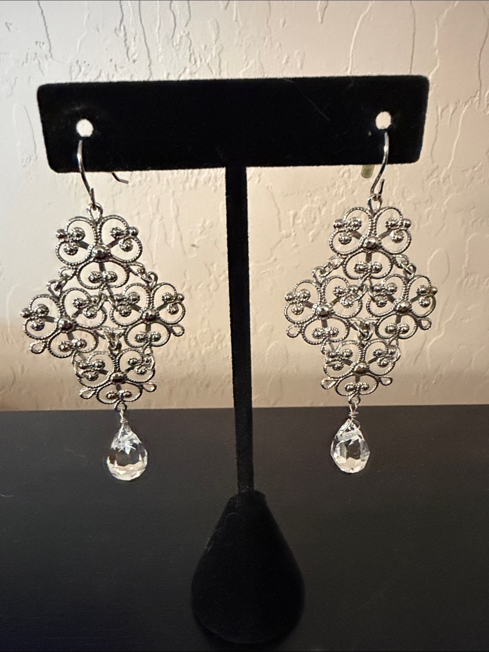 Elegant Silver Filigree Drop Earrings with Clear Crystal Teardrops